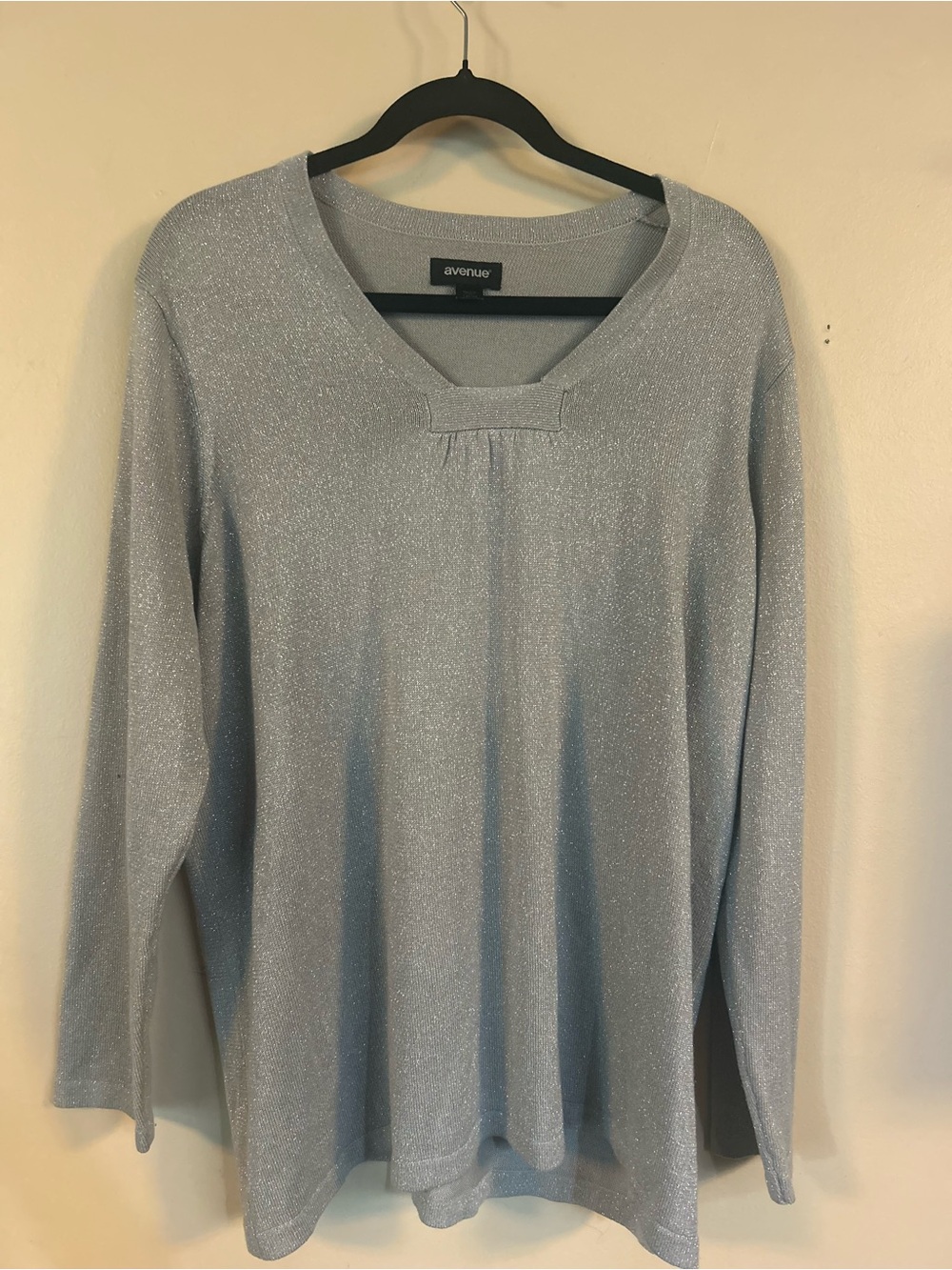 Avenue Light Silver-Blue Shimmer V-Neck Long Sleeve Top